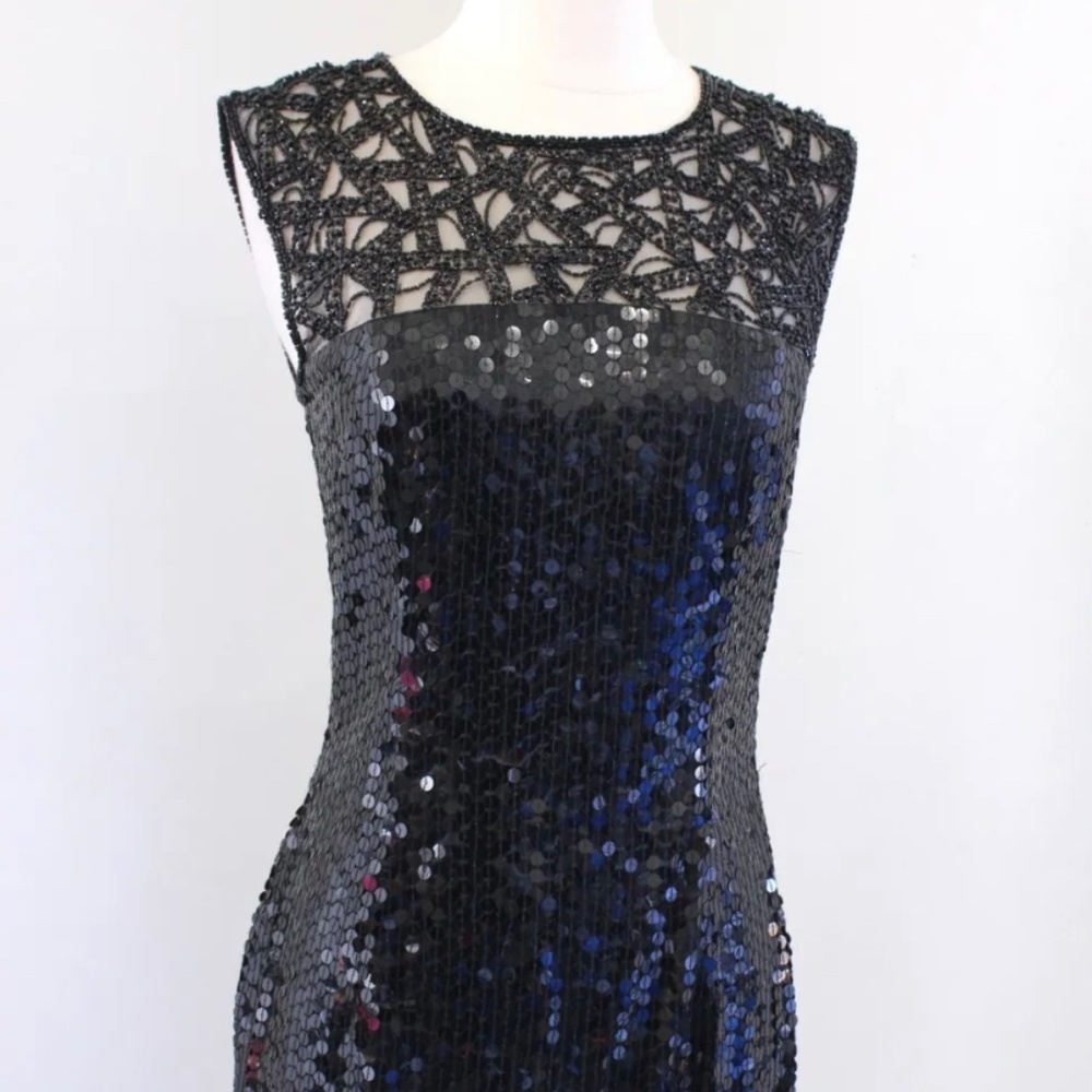 Vtg 90s Niteline Black Mesh Sequin Beaded Cocktail Party Dress Size 6 Sleeveless